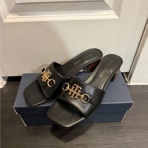 Tommy Hilfiger Black Leather Slide Mules with Gold Hardware